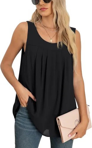 Vista 4 de QUEZHU Blusas y tops de verano para mujer, blusas de gasa de doble capa, ajuste holgado, cuello redondo, túnica sin mangas