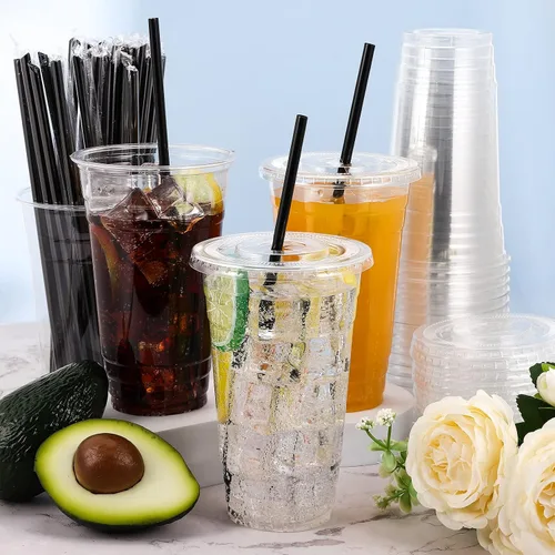Vista 6 de 50 juegos de vasos de plástico con tapas planas y pajitas, 24 onzas, transparentes