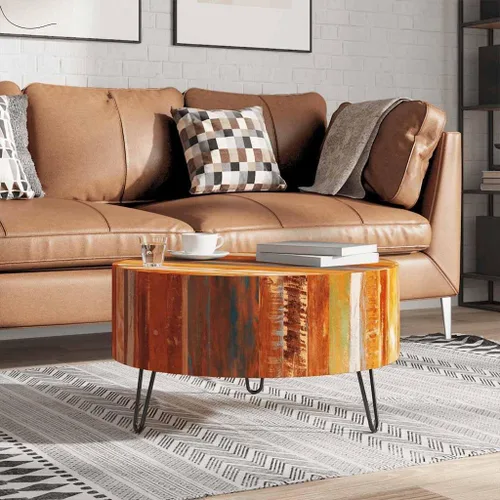 Vista 2 de vidaXL Mesa auxiliar, mesa auxiliar redonda con patas de hierro, mesa de sofá decorativa para sala de estar, dormitorio, industrial, madera maciza