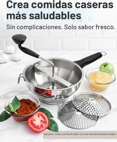 Vista 3 de Molino de alimentos de acero inoxidable con asas desmontables – Molino de manivela para comida de bebé, salsa de tomate y puré de papas – Incluye 3