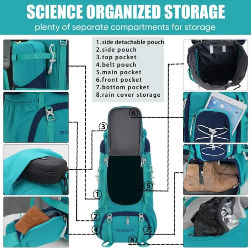 Vista 4 de Bseash 70L (65+5) Mochila impermeable para senderismo camping con cubierta para lluvia, mochila de viaje deportiva al aire libre para escalada