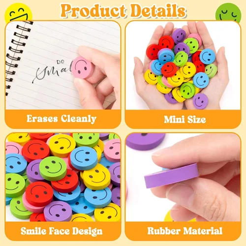 Vista 4 de Haooryx Colorful Happy Face Erasers, 60Pcs Mini Pencil Rubber Erasers Bulk