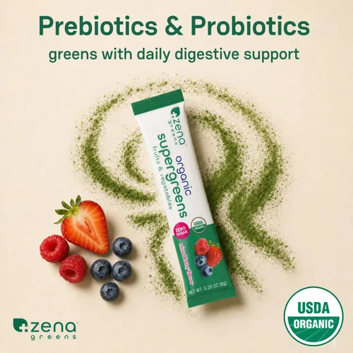 Vista 5 de Zena Nutrition Polvo orgánico Super Greens, más de 70 superalimentos, 0 azúcar, fibra 5G, espirulina, clorella, antioxidantes