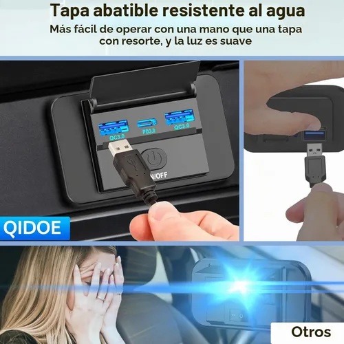 Vista 5 de 72W 12V Panel de salida USB de montaje en pared, cargador de puerto USB de coche de 36W USB C y doble QC 3.0 de 18W con interruptor de botón, salida