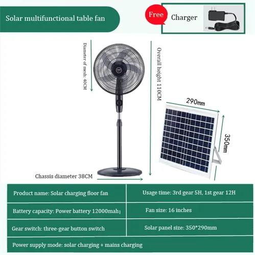 Vista 4 de Ventilador de suelo solar, ventilador de pie oscilante solar de 16 pulgadas con panel solar/cargador, ventiladores de pedestal a pilas recargables