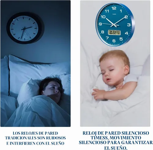 Vista 9 de Reloj de pared TIMESS, de 14" de gran dial, silencioso, sin tictac, funciona con pilas, analógico con pantalla LCD para calendario perpetuo y Azul