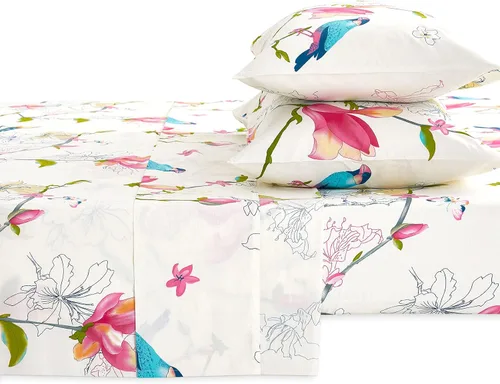 Vista 2 de Wake In Cloud - Sábanas florales, 100% algodón, juego de sábanas de 4 piezas, ropa de cama estética botánica bohemia con estampado de pájaros, Rosa