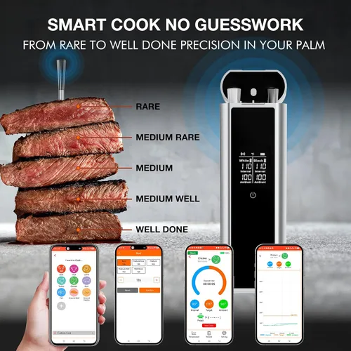Vista 6 de Termómetro Bluetooth inalámbrico para carne con sondas duales, 650 pies de largo alcance inteligente con aplicación controlada, termómetro