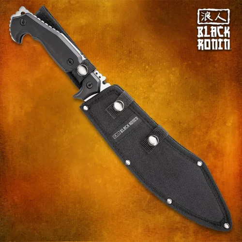 Vista 4 de Black Ronin Machete y funda Stealth Hoja de acero inoxidable de espiga completa Acabado negro y satinado Básculas ergonómicas de mango