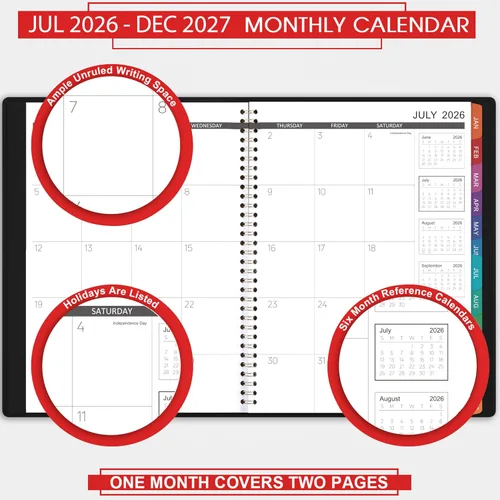 Vista 3 de Agenda mensual 2026/Calendario - Ene 2026 - Dic 2026, Agenda mensual 2026, 12 meses, piel sintética, 8.86" x 11.4", 15 páginas de notas