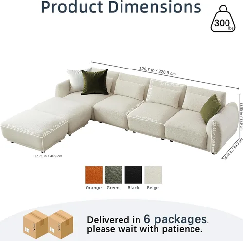 Vista 3 de Sofá seccional, moderno sofá modular en forma de U con otomana, sofá modular modular de nube para sala de estar (beige, juego de 4 + 2 otomanos)