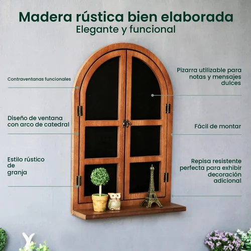 Vista 4 de Marco de madera rústico con marco de madera arqueada, decoración de pared con alféizar de ventana y persianas, decoración de ventana de pared