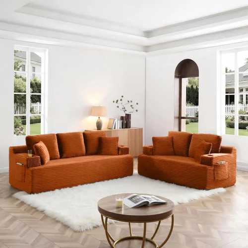 Vista 44 de Sofá sin hueso de 66.5 pulgadas con portavasos y bolsillos laterales, sofá biplaza tapizado de tela de pana moderna con 2 almohadas para sala