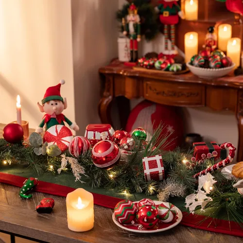 Vista 4 de Valery Madelyn - Guirnalda de Navidad preiluminada de 2,7 m con luces para repisa, guirnalda iluminada para exteriores de Navidad con bolas y lazos