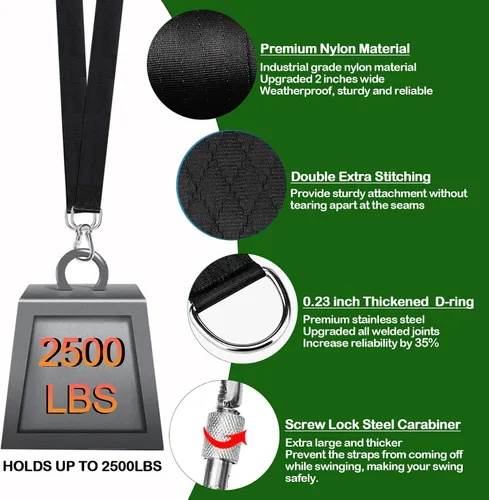 Vista 2 de Juego de correas de columpio para árbol (juego de 2), correas de columpio de árbol de 3 pies/8 pies/10 pies/20 pies/30 pies con capacidad para 2500