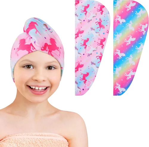 Vista 8 de WAWSAM Paquete de 2 toallas de secado de cabello para niños, toalla de microfibra para el cabello para niñas, gorro de pelo de secado rápido con Azul