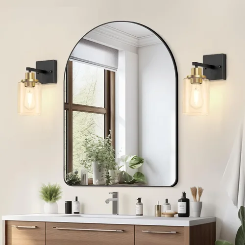 Vista 7 de Licperron Juego de 2 apliques de pared negros y dorados con pantalla de vidrio transparente, accesorios de luz de tocador mate negros, luces