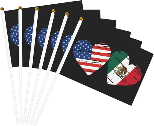 Vista 3 de Bandera de México de Estados Unidos, bandera de mano con corazón, tamaño único, tamaño pequeño, mini banderas en palo, decoraciones de fiesta