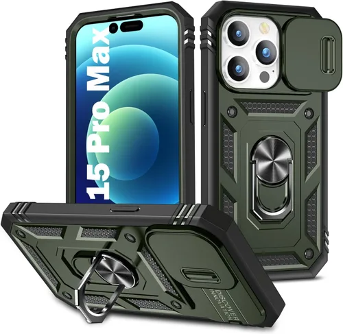 Vista 8 de PASNEW Funda militar para iPhone 13 Pro Max, cubierta de cámara deslizante y soporte de anillo de metal de 360°, carcasa rígida multicapa resistente