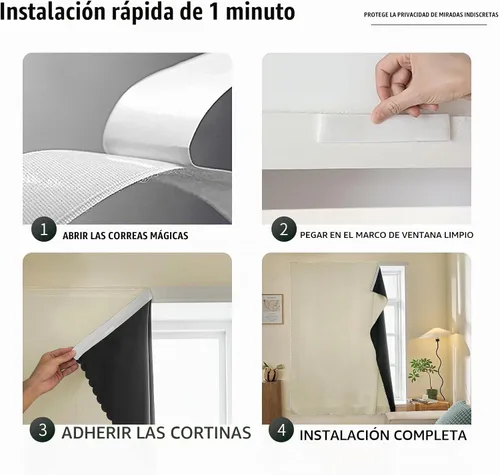 Vista 2 de JILRON Cortina adhesiva 100% opaca, sin taladro, fácil de instalar para persianas de dormitorio, bloqueo de luz
