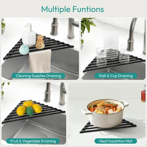 Vista 5 de Samll - Escurridor de platos enrollable triangular para esquina del fregadero, plegable de acero inoxidable recubierto de silicona para colocar