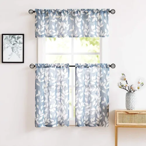 Vista 6 de Treatmentex Cortinas azules de cocina de 24 pulgadas con estampado de hojas blancas cortas para ventanas pequeñas, 2 paneles