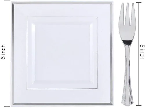 Vista 6 de Platos de postre de plástico plateado con tenedores de plástico, 100 platos cuadrados desechables para aperitivos, platos pequeños con borde Blanco