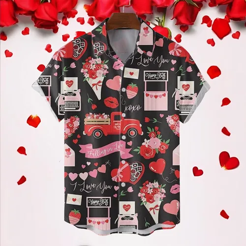 Vista 3 de Male Spring and Summer Shirts Casual Lapel Stripe Print Beach Short Sleeve Shirts Collar Shirts Men