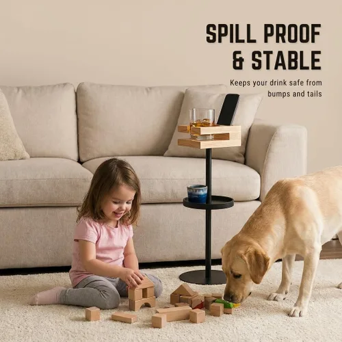 Vista 4 de Mesa de bebidas para espacios pequeños – Mesa auxiliar delgada de pedestal con parte superior de madera real y base estable para café y cócteles