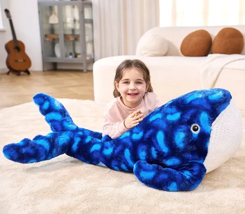 Vista 7 de IKASA Juguete de peluche grande de ballena azul, gigante, de 43 pulgadas, lindos juguetes suaves jumbo, enorme tamaño grande, esponjoso, oso