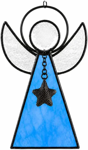 Vista 9 de J Devlin Glass Art Adorno de ángel de vidrieras – Atrapasoles de vidrio iridiscente con alas texturizadas transparentes y acento de estrella
