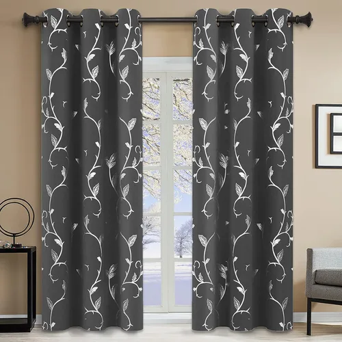 Vista 64 de BUHUA Juego de 2 paneles de cortinas opacas con estampado de vid plateada, cortinas con aislamiento térmico para oscurecer la habitación