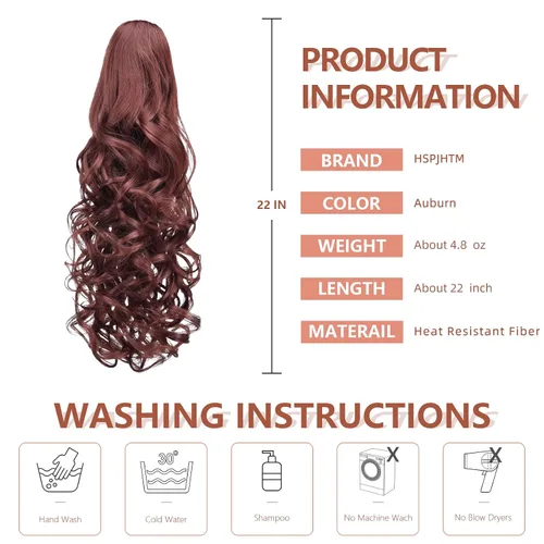 Vista 3 de Extensión de cola de caballo color castaño caoba, pinza de 20 pulgadas para mujeres, extensiones de cabello sintético ondulado, cola de caballo