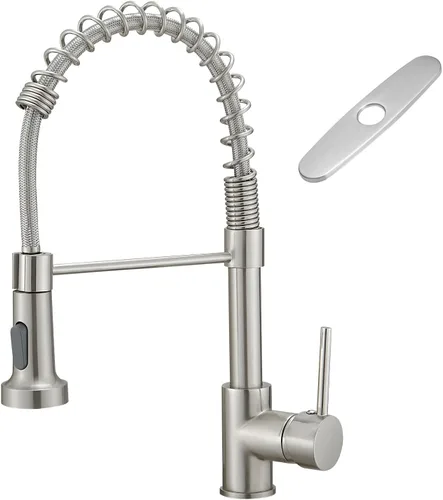 Vista 14 de AIMADI Grifo de cocina negro mate, grifo de cocina negro y dorado con rociador desplegable, grifos de fregadero comerciales de resorte con una sola