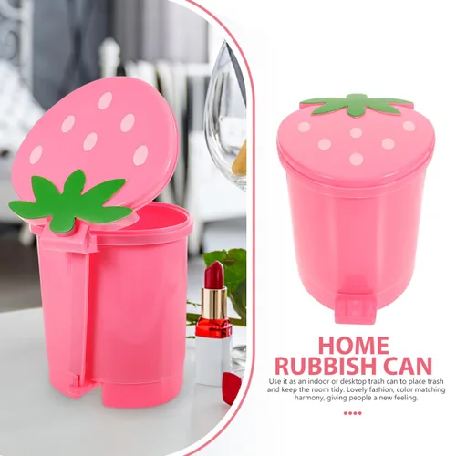 Vista 8 de Papelera de escritorio, contenedor de plástico rosa con tapa, tamaño mini para oficina en casa, decoración creativa