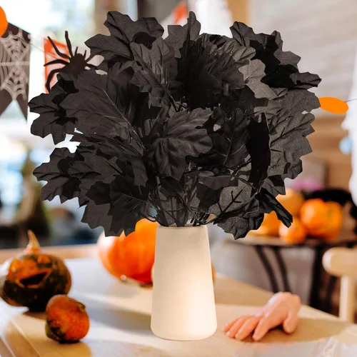 Vista 4 de Ramas de Halloween, paquete de 2 ramas de flores artificiales negras, tallo de flor de hoja de arce falsa, ramas de ramo de flores artificiales