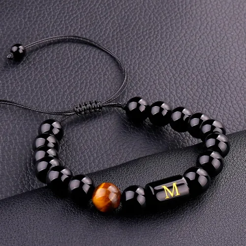 Vista 66 de SUMMER LOVE Regalos para el Día del Padre, pulsera con inicial de piedra de ónix negro de 0.394 pulgadas para hombres, pulsera de cuerda trenzada