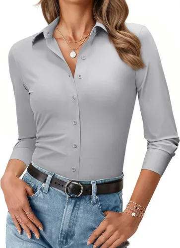 Vista 8 de Camisa con botones para mujer, ajustada, elástica, sin arrugas, para mujer, de manga larga, con cuello, blusa de trabajo para uso casual