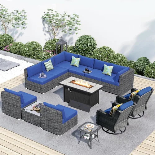 Vista 23 de HOOOWOOO Juego de sofá modular para patio al aire libre, 7 piezas en forma de U, juego de sofá de mimbre rústico para 6 personas, juego de Beige