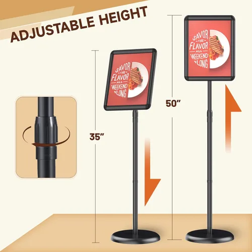 Vista 3 de Soporte de pedestal ajustable para cartel o pizarra de tiza de 8.5 x 11 pulgadas, marco abierto a presión, rotación de 360°, soportes para letreros