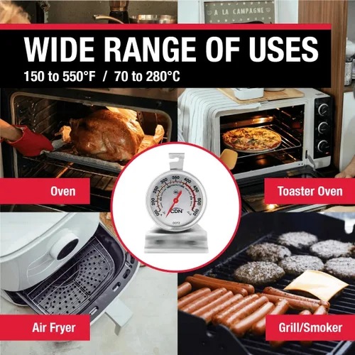 Vista 2 de Termómetro de horno CDN ProAccurate®, esfera de 2"" fácil de leer, carcasa de acero inoxidable, zonas de temperatura, para colocar o colgar
