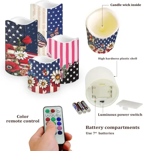 Vista 3 de Jeiento American Flag Flameless Candles 4 Pack 4th of July Home Decoration Flower American Flag LED Candles Battery Operated with Timer Remote