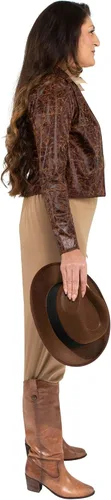Vista 3 de Jazwares Disfraz de Indiana Jones para mujer, camisa y chaqueta con logotipo, pantalones, cinturón con hebilla y sombrero