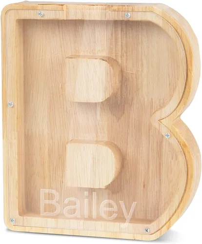 Vista 33 de Alcancía con nombre personalizado, 26 letras láser con texto personalizado, banco de monedas de madera, significado educativo, alcancía con nombre