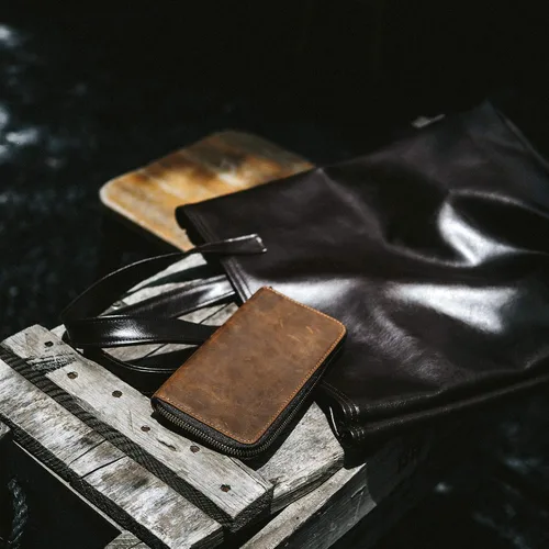 Vista 5 de Cartera larga para hombre de piel auténtica con cierre RFID bloqueo Vintage Bifold