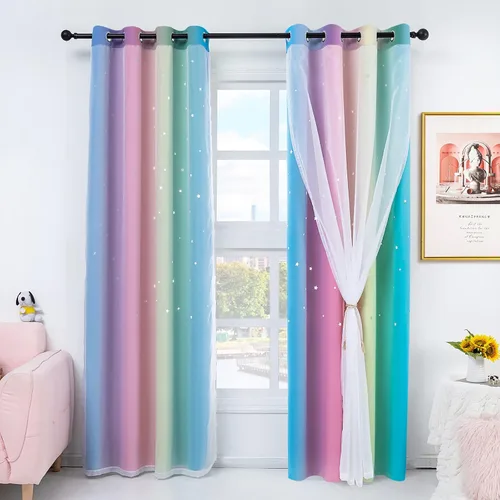 Vista 9 de Stiio Cortinas con Recortes de Estrella para Dormitorio de Niñas, 2 Paneles, Cortinas Opacas 2 en 1 que Bloquean la Luz con Cortinas de Ventana