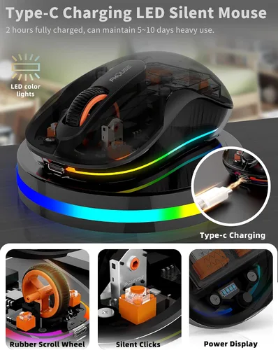 Vista 5 de Ratón inalámbrico Bluetooth, mouse RGB transparente de tres modos, Bluetooth y 2.4 GHz para múltiples dispositivos, receptor USB-C, ideal para Negro