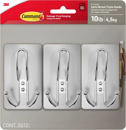Vista 12 de Command - Gancho triple extragrande de níquel satinado, 1 gancho, 3 tiras, ganchos de pared para colgar sin daños con tiras adhesivas, ganchos