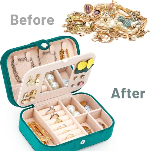 Vista 5 de Fixwal Caja de viaje de terciopelo de felpa, organizador de joyas de viaje pequeño para mujeres y niñas, joyero portátil con espejo para anillos