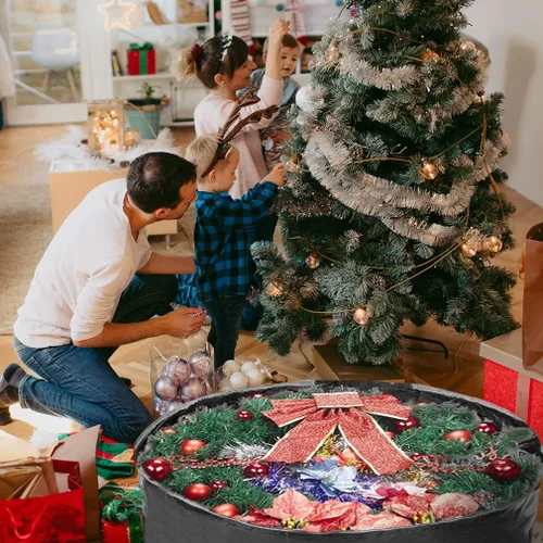 Vista 6 de Bolsa de almacenamiento para corona de Navidad de 24 pulgadas, contenedor de guirnalda con material resistente a desgarros, con asas resistentes